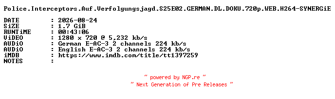 NFO for the release Police.Interceptors.Auf.Verfolgungsjagd.S25E02.GERMAN.DL.DOKU.720p.WEB.H264-SYNERGiE by SYNERGiE