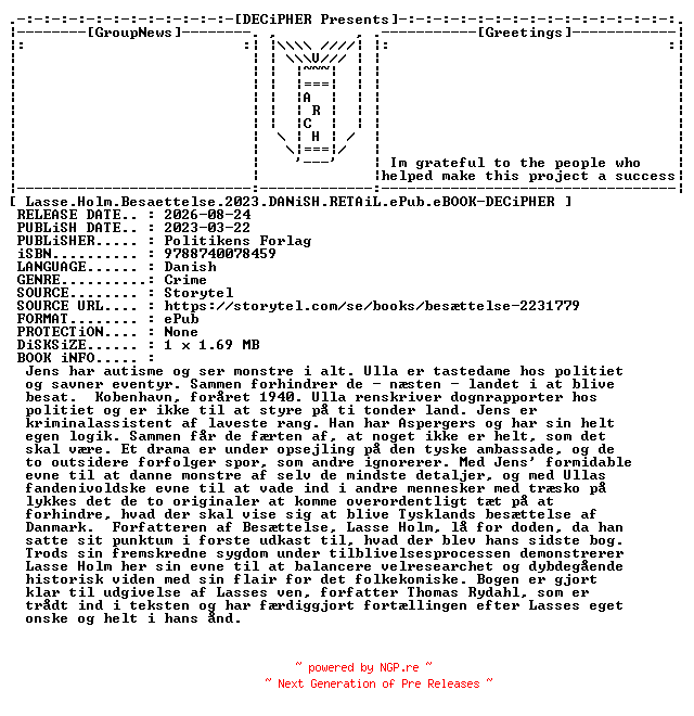 NFO for the release Lasse.Holm.Besaettelse.2023.DANiSH.RETAiL.ePub.eBOOK-DECiPHER by DECiPHER