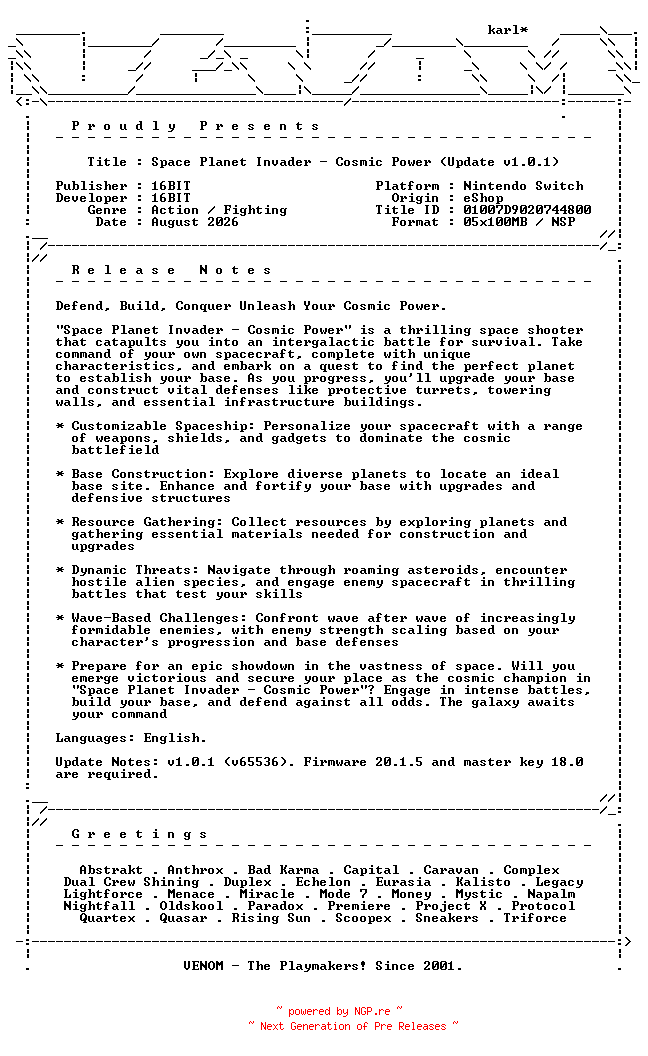 NFO for the release Space_Planet_Invader_Cosmic_Power_Update_v1.0.1_NSW-VENOM by VENOM