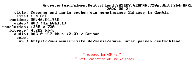 NFO for the release Amore.unter.Palmen.Deutschland.S02E07.GERMAN.720p.WEB.h264-HAXE by HAXE