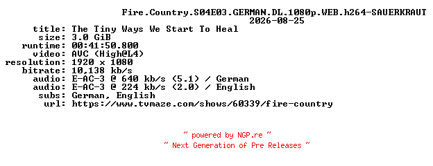 NFO for the release Fire.Country.S04E03.GERMAN.DL.1080p.WEB.h264-SAUERKRAUT by SAUERKRAUT