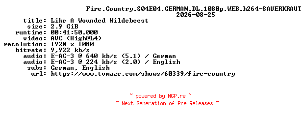 NFO for the release Fire.Country.S04E04.GERMAN.DL.1080p.WEB.h264-SAUERKRAUT by SAUERKRAUT