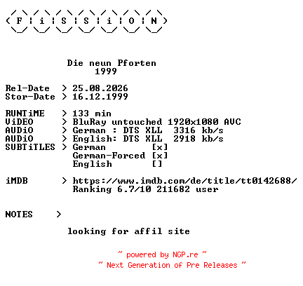 NFO for the release Die.neun.Pforten.1999.German.DL.1080p.BluRay.AVC-FiSSiON by FiSSiON