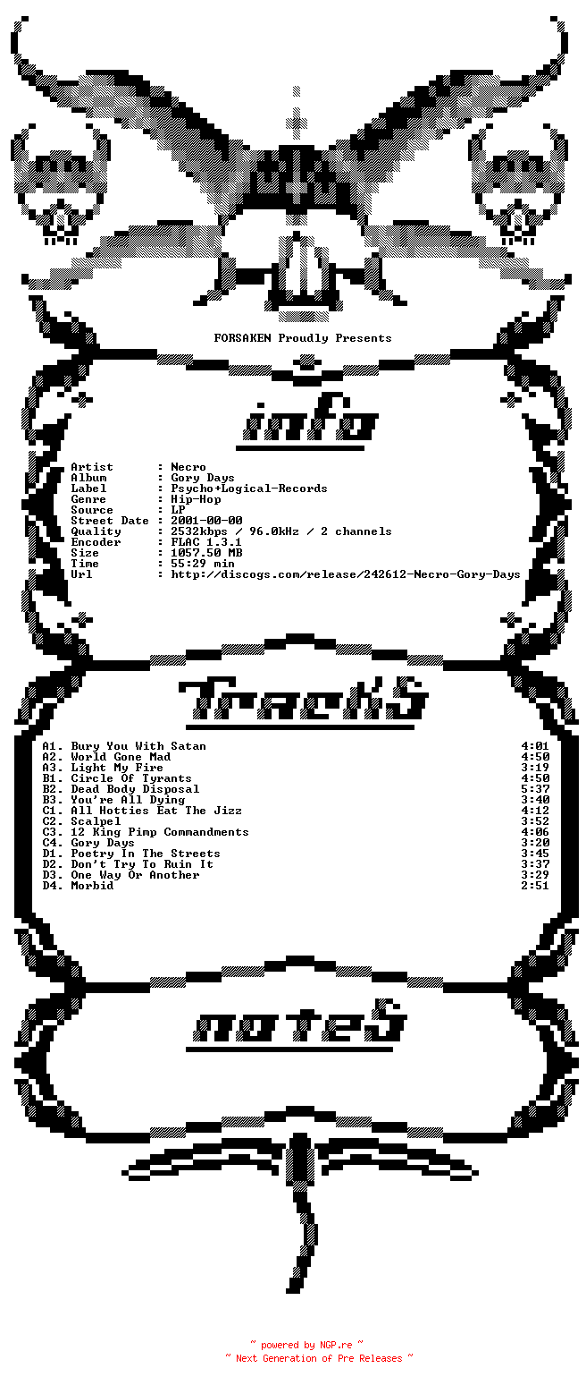 NFO for the release Necro-Gory_Days-2LP-FLAC-2001-FORSAKEN by FORSAKEN
