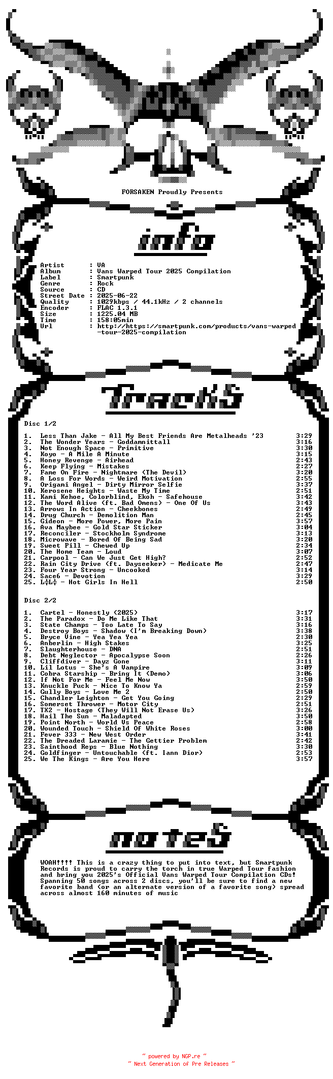 NFO for the release VA-Vans_Warped_Tour_2025_Compilation-2CD-FLAC-2025-FORSAKEN by FORSAKEN