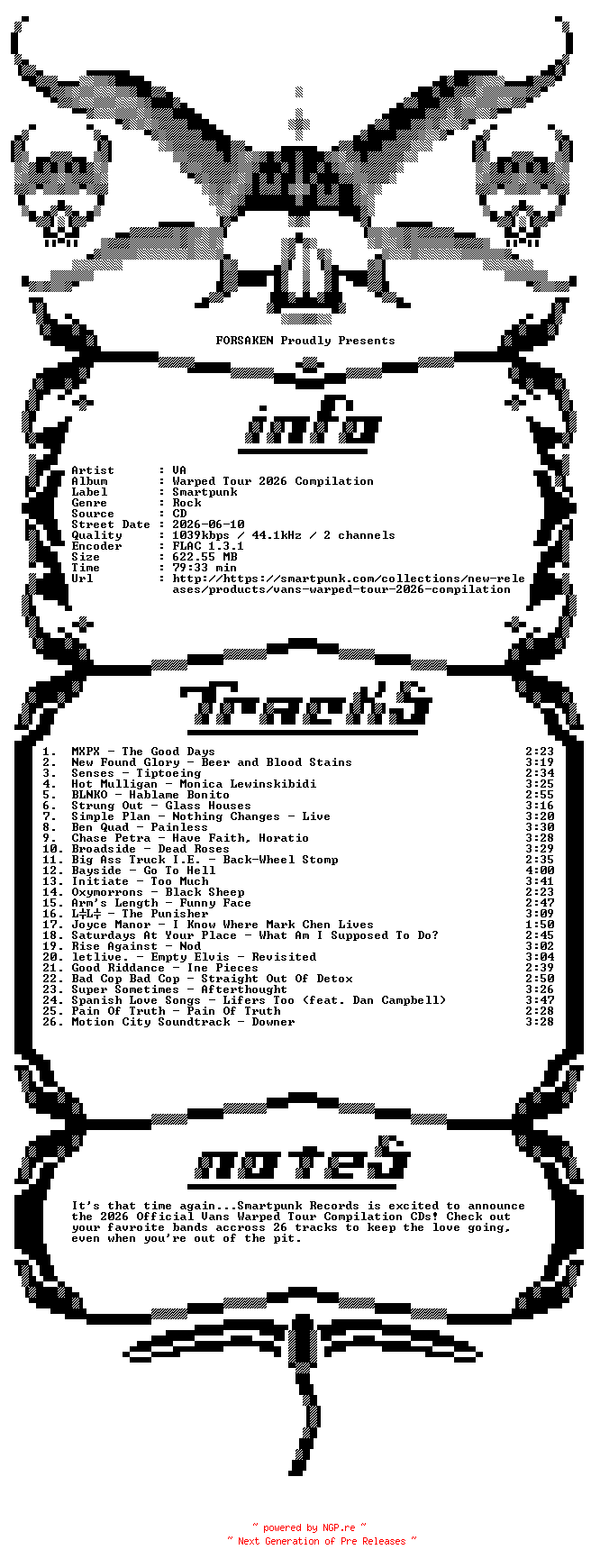NFO for the release VA-Warped_Tour_2026_Compilation-CD-FLAC-2026-FORSAKEN by FORSAKEN
