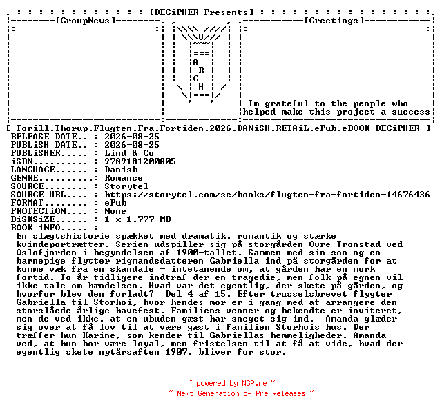 NFO for the release Torill.Thorup.Flugten.Fra.Fortiden.2026.DANiSH.RETAiL.ePub.eBOOK-DECiPHER by DECiPHER