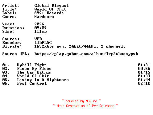 NFO for the release Global_Disgust-World_Of_Shit-24BIT-WEB-FLAC-2026-VEXED by VEXED