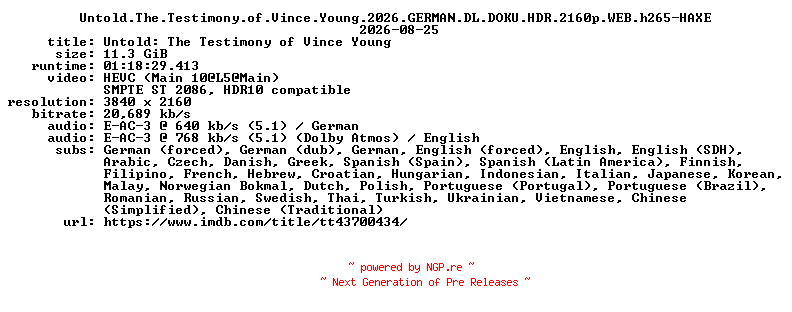 NFO for the release Untold.The.Testimony.of.Vince.Young.2026.GERMAN.DL.DOKU.HDR.2160p.WEB.h265-HAXE by HAXE