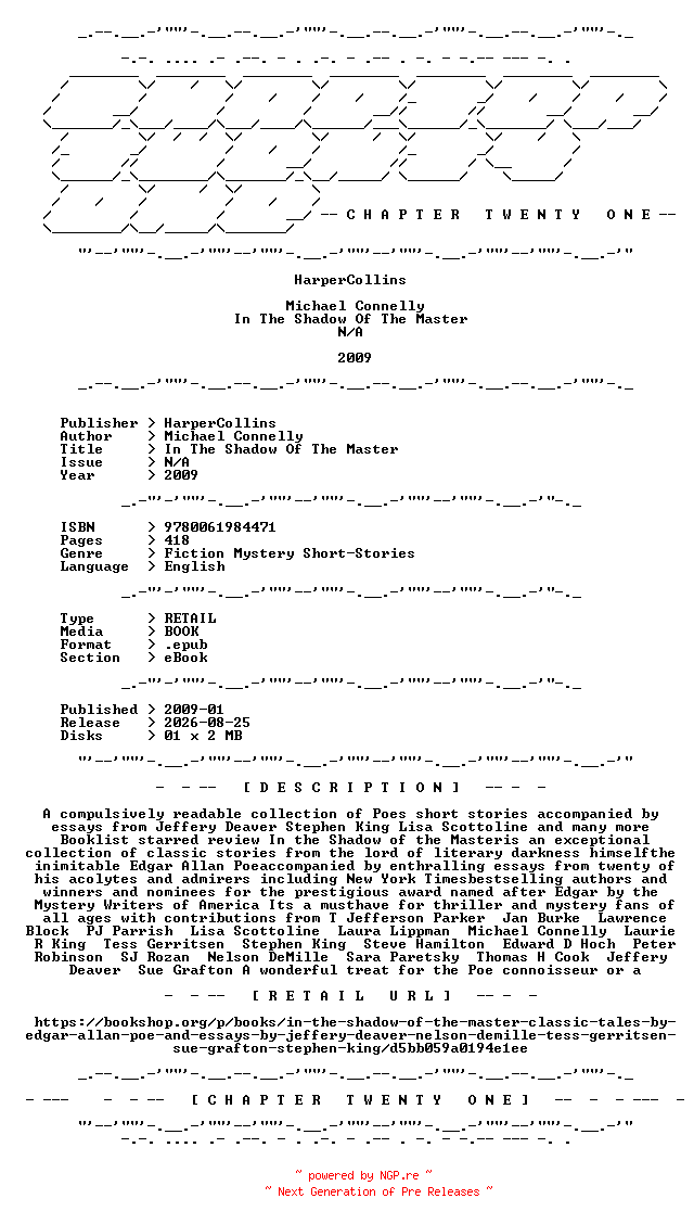 NFO for the release Michael.Connelly.-.In.The.Shadow.Of.The.Master.2009.RETAIL.EPUB.eBook-CTO by CTO