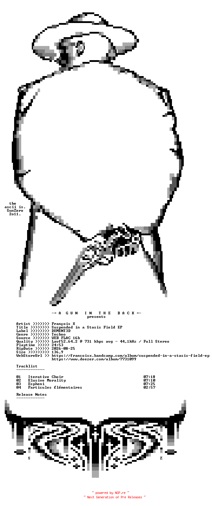 NFO for the release Francois_X-Suspended_in_a_Stasis_Field_EP-(DM3D008)-16BIT-WEB-FLAC-2014-AGITB by AGITB