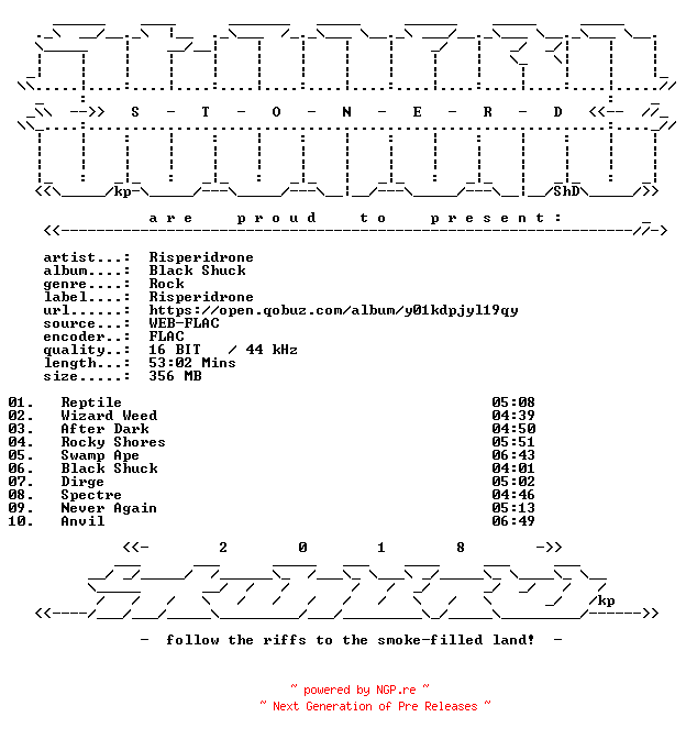 NFO for the release Risperidrone-Black_Shuck-16BIT-WEB-FLAC-2026-STONERD by STONERD