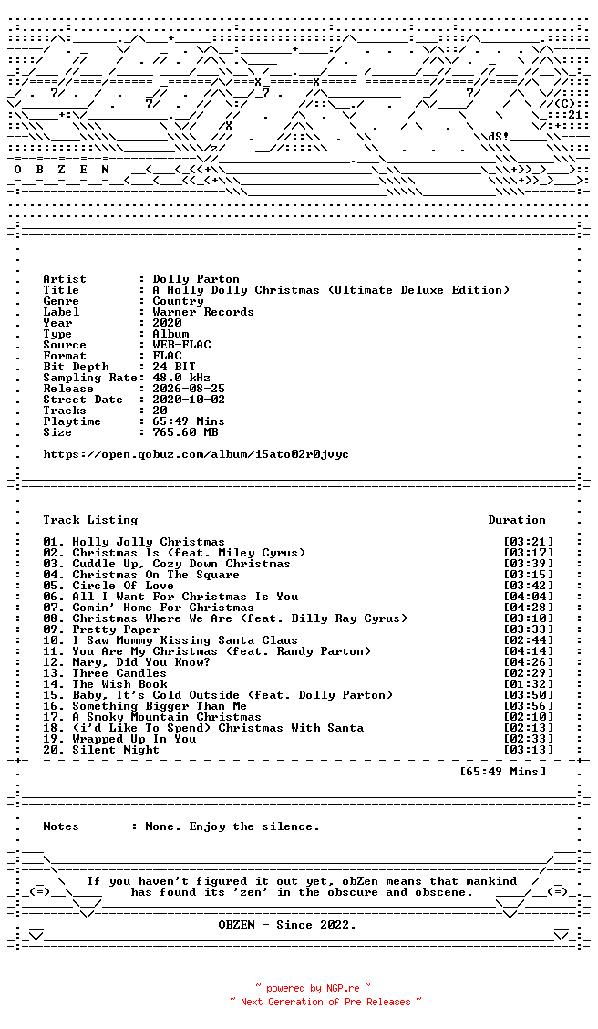 NFO for the release Dolly_Parton-A_Holly_Dolly_Christmas_(Ultimate_Deluxe_Edition)-24BIT-44KHZ-WEB-FLAC-2020-OBZEN by OBZEN