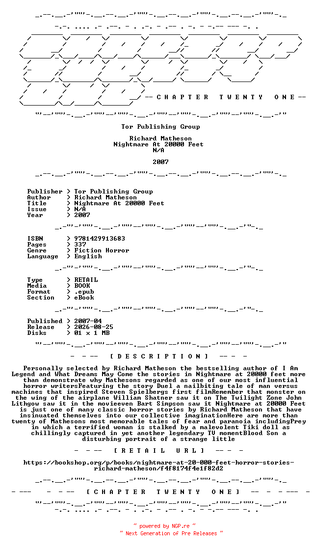 NFO for the release Richard.Matheson.-.Nightmare.At.20000.Feet.2007.RETAIL.EPUB.eBook-CTO by CTO