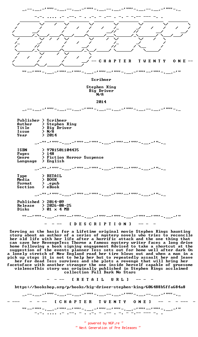 NFO for the release Stephen.King.-.Big.Driver.2014.RETAIL.EPUB.eBook-CTO by CTO
