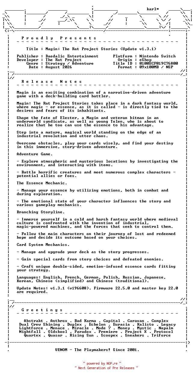 NFO for the release Magin_The_Rat_Project_Stories_Update_v1.3.1_NSW-VENOM by VENOM