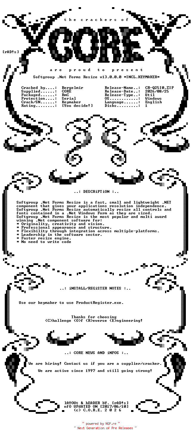 NFO for the release Softgroup.Net.Forms.Resize.v13.0.0.0.Incl.Keymaker-CORE by CORE