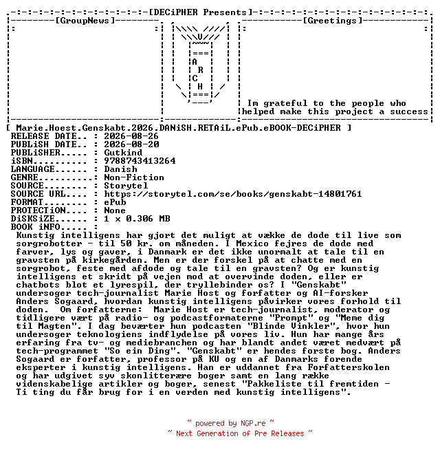 NFO for the release Marie.Hoest.Genskabt.2026.DANiSH.RETAiL.ePub.eBOOK-DECiPHER by DECiPHER
