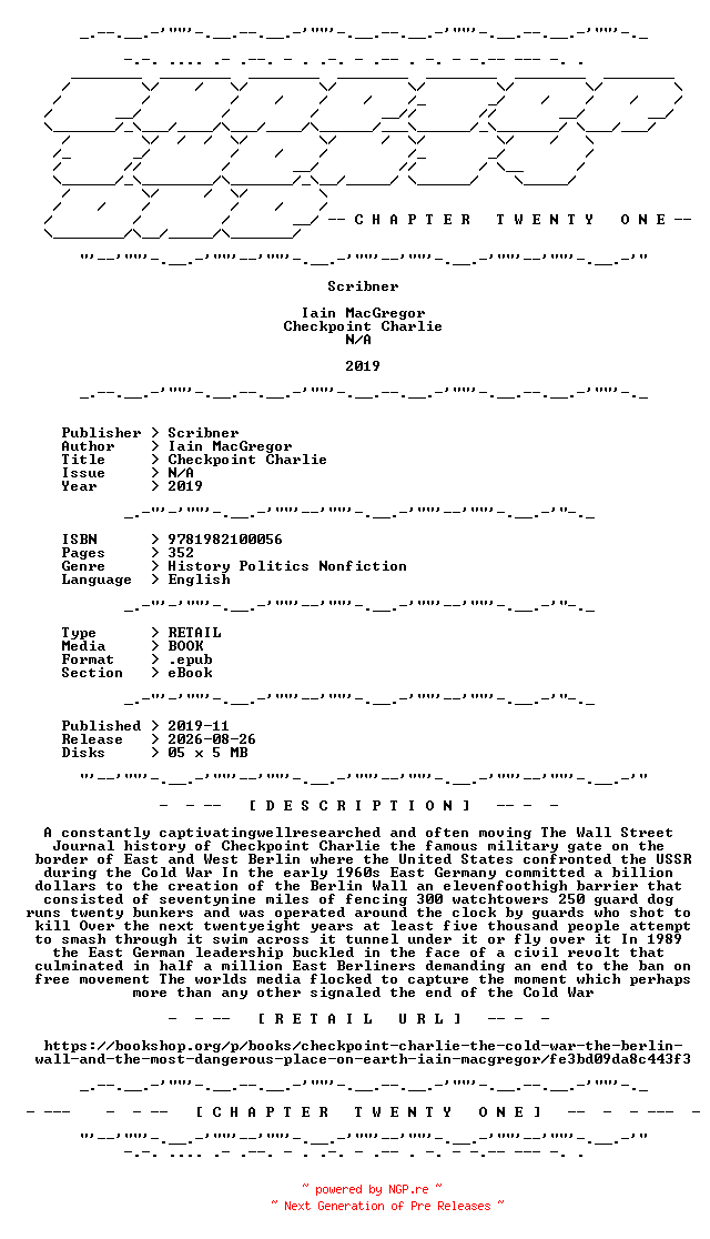 NFO for the release Iain.MacGregor.-.Checkpoint.Charlie.2019.RETAIL.EPUB.eBook-CTO by CTO