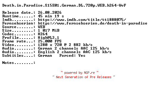NFO for the release Death.in.Paradise.S15E01.German.DL.720p.WEB.h264-WvF by WvF