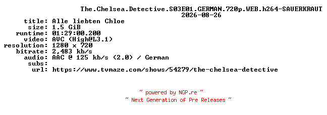 NFO for the release The.Chelsea.Detective.S03E01.GERMAN.720p.WEB.h264-SAUERKRAUT by SAUERKRAUT