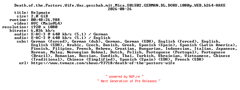 NFO for the release Death.of.the.Pastors.Wife.Was.geschah.mit.Mica.S01E02.GERMAN.DL.DOKU.1080p.WEB.h264-HAXE by HAXE