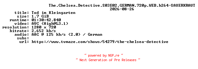 NFO for the release The.Chelsea.Detective.S03E02.GERMAN.720p.WEB.h264-SAUERKRAUT by SAUERKRAUT