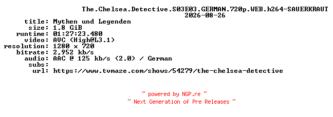 NFO for the release The.Chelsea.Detective.S03E03.GERMAN.720p.WEB.h264-SAUERKRAUT by SAUERKRAUT