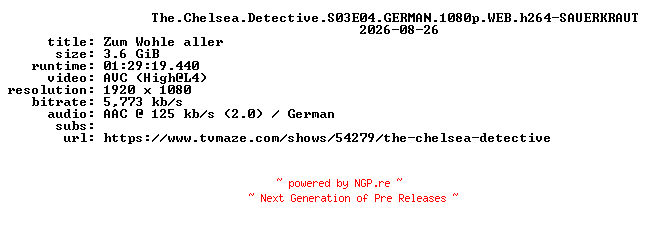 NFO for the release The.Chelsea.Detective.S03E04.GERMAN.1080p.WEB.h264-SAUERKRAUT by SAUERKRAUT