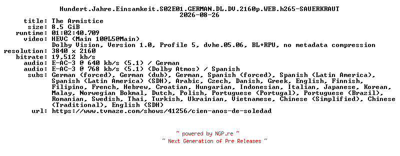 NFO for the release Hundert.Jahre.Einsamkeit.S02E01.GERMAN.DL.DV.2160p.WEB.h265-SAUERKRAUT by SAUERKRAUT
