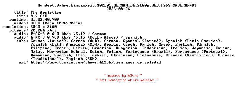 NFO for the release Hundert.Jahre.Einsamkeit.S02E01.GERMAN.DL.2160p.WEB.h265-SAUERKRAUT by SAUERKRAUT