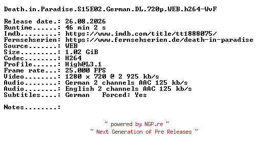 NFO for the release Death.in.Paradise.S15E02.German.DL.720p.WEB.h264-WvF by WvF