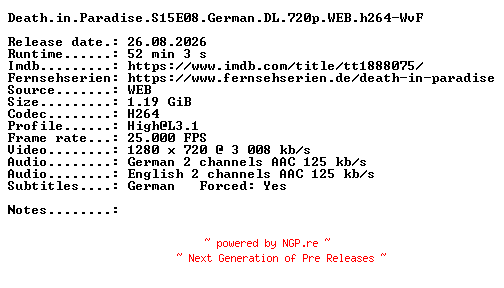 NFO for the release Death.in.Paradise.S15E08.German.DL.720p.WEB.h264-WvF by WvF