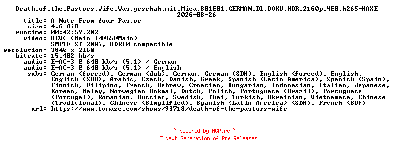 NFO for the release Death.of.the.Pastors.Wife.Was.geschah.mit.Mica.S01E01.GERMAN.DL.DOKU.HDR.2160p.WEB.h265-HAXE by HAXE