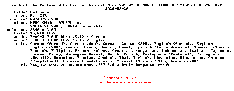 NFO for the release Death.of.the.Pastors.Wife.Was.geschah.mit.Mica.S01E02.GERMAN.DL.DOKU.HDR.2160p.WEB.h265-HAXE by HAXE