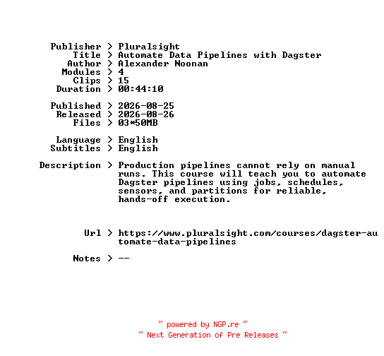 NFO for the release Pluralsight.Automate.Data.Pipelines.with.Dagster.2026.BOOKWARE-GETH by GETH
