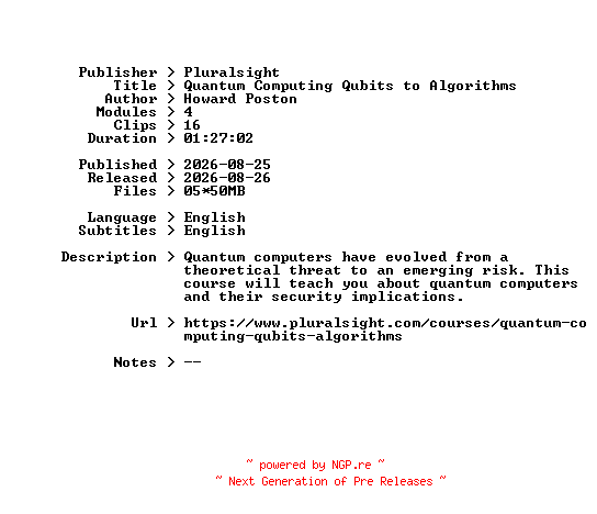 NFO for the release Pluralsight.Quantum.Computing.Qubits.to.Algorithms.2026.BOOKWARE-GETH by GETH