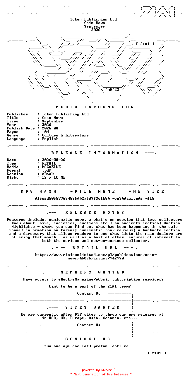 NFO for the release Coin.News.September.2026.RETAIL.MAGAZINE.eBook-21A1 by 21A1