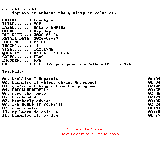 NFO for the release Demahjiae-YAE-16BIT-WEB-FLAC-2026-ENRiCH by ENRiCH