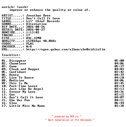 NFO for the release Jonathan_Bree-Dont_Call_It_Love-24BIT-WEB-FLAC-2026-ENRiCH by ENRiCH