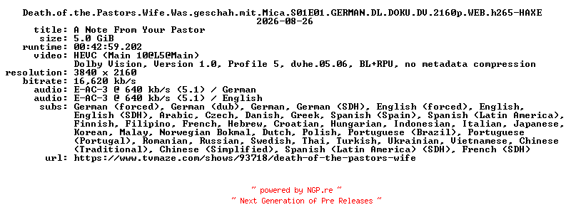 NFO for the release Death.of.the.Pastors.Wife.Was.geschah.mit.Mica.S01E01.GERMAN.DL.DOKU.DV.2160p.WEB.h265-HAXE by HAXE
