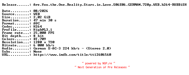 NFO for the release Are.You.the.One.Reality.Stars.in.Love.S06E06.GERMAN.720p.WEB.h264-RUBBiSH by RUBBiSH