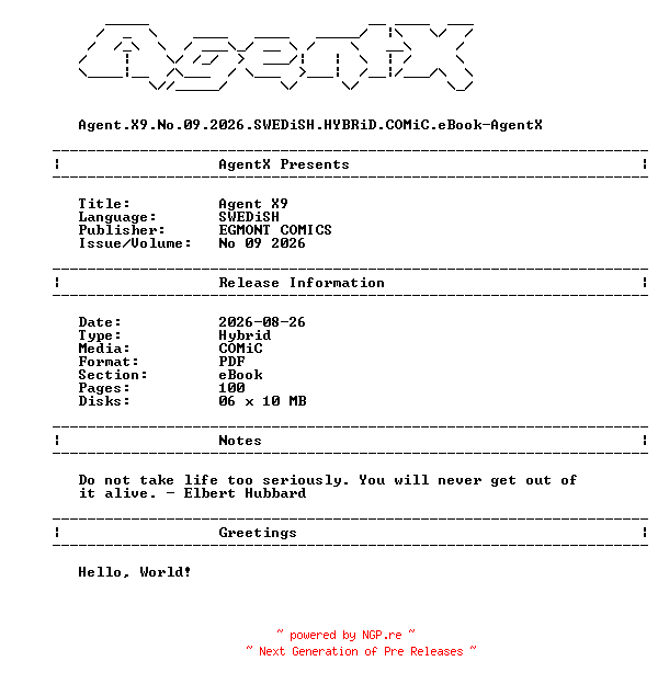 NFO for the release Agent.X9.No.09.2026.SWEDiSH.HYBRiD.COMiC.eBook-AgentX by AgentX