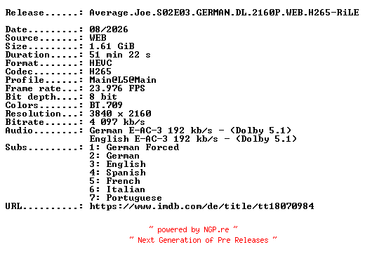 NFO for the release Average.Joe.S02E03.GERMAN.DL.2160P.WEB.H265-RiLE by RiLE