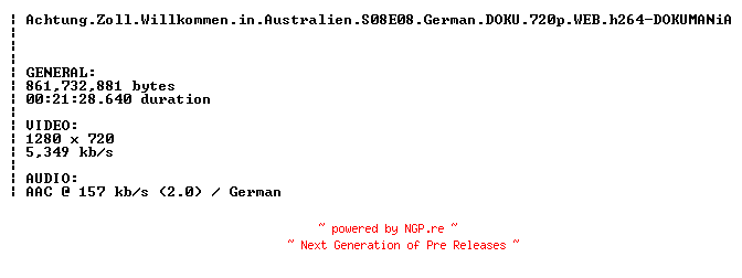 NFO for the release Achtung.Zoll.Willkommen.in.Australien.S08E08.German.DOKU.720p.WEB.h264-DOKUMANiA by DOKUMANiA