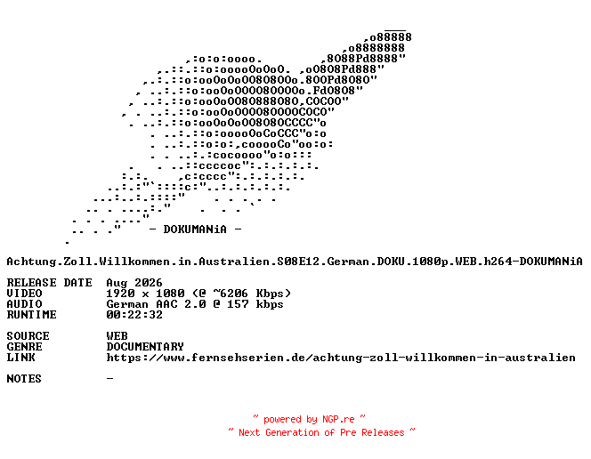 NFO for the release Achtung.Zoll.Willkommen.in.Australien.S08E12.German.DOKU.1080p.WEB.h264-DOKUMANiA by DOKUMANiA