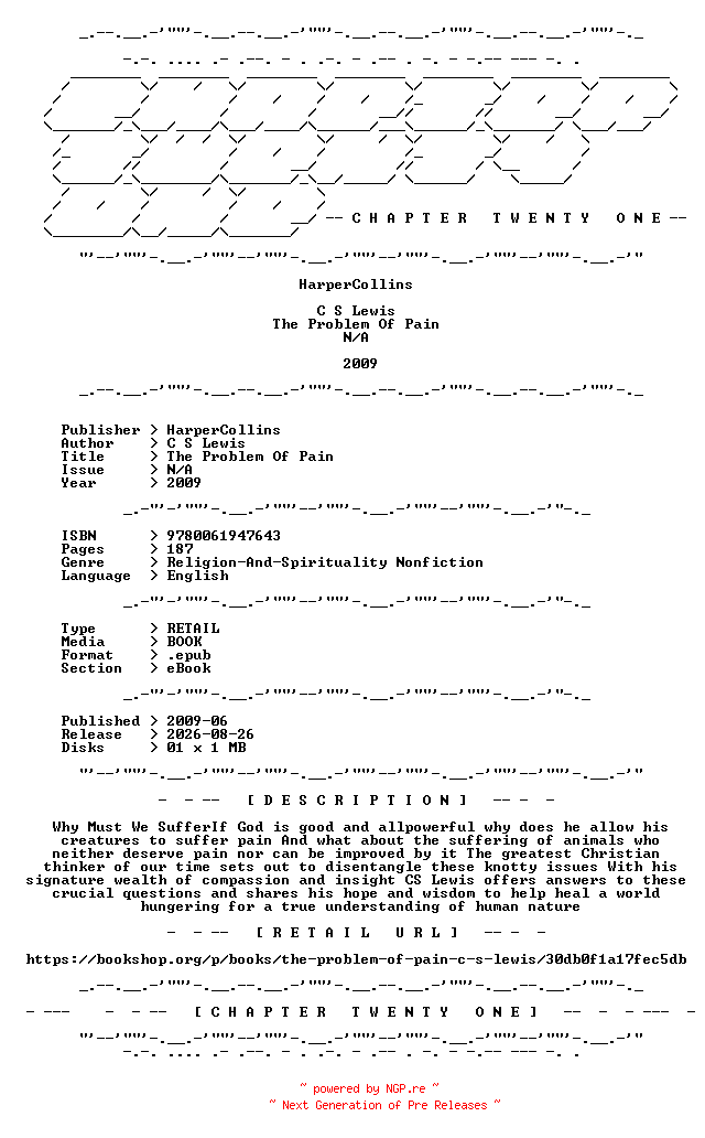 NFO for the release C.S.Lewis.-.The.Problem.Of.Pain.2009.RETAIL.EPUB.eBook-CTO by CTO