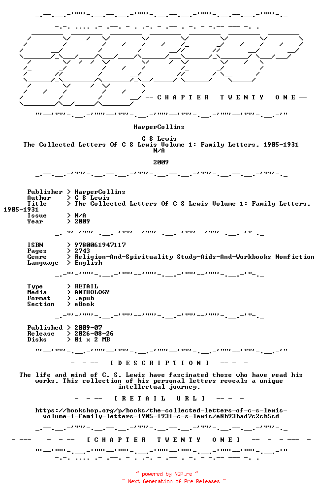 NFO for the release HarperCollins.-.The.Collected.Letters.Of.C.S.Lewis.Volume.1.Family.Letters.1905-1931.2009.RETAIL.EPUB.eBook-CTO by CTO