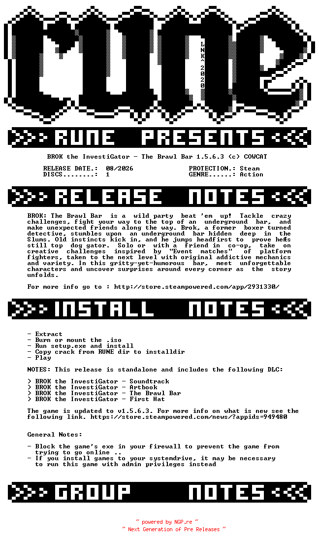 NFO for the release BROK.the.InvestiGator.The.Brawl.Bar.v1.5.6.3-RUNE by RUNE