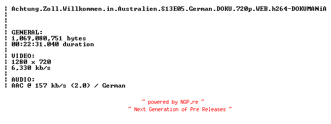 NFO for the release Achtung.Zoll.Willkommen.in.Australien.S13E05.German.DOKU.720p.WEB.h264-DOKUMANiA by DOKUMANiA